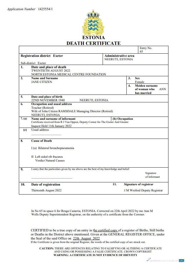 Download Estonia death certificate Word and PDF template Photoshop template
